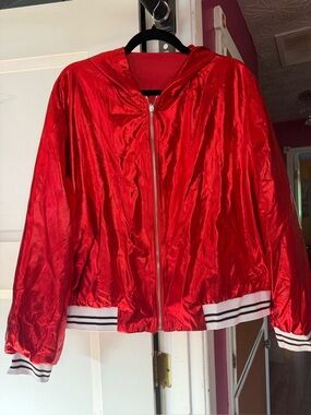 Shiny Red Zip-Up Hooded Bomber Jacket